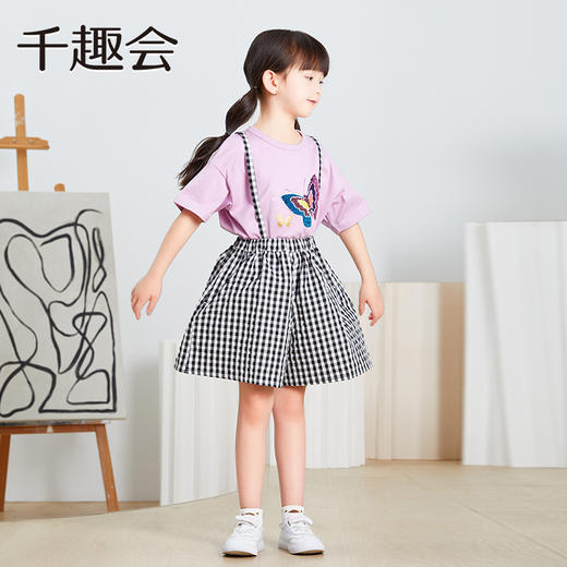 【背带裤】千趣会童装夏款女童经典格纹泡泡纱两穿背带裙裤中裤9000100 商品图1