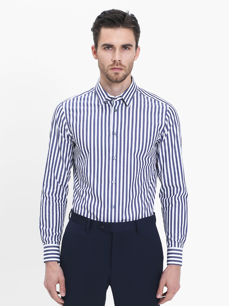 callisto蓝白巴朗斯条纹全棉意式领衬衫  SRSTL082C