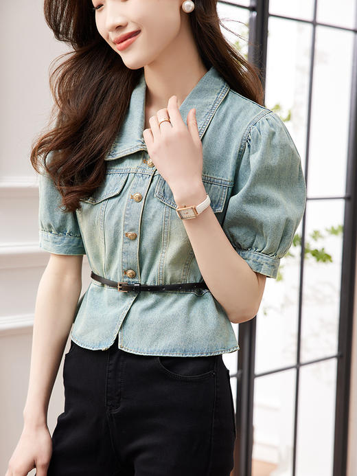 KQLE315597604 2023夏季新款女装休闲洋气泡泡袖单排扣牛仔修身上衣配腰带 商品图2