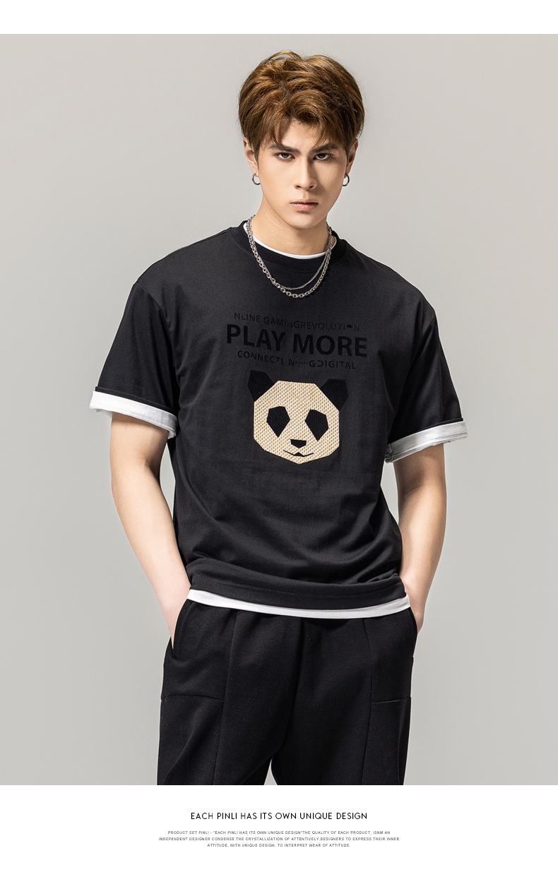 pinli品立春季新款男士熊猫植绒纯棉圆领短袖t恤bg231111015