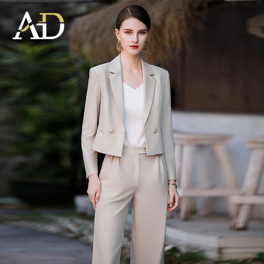 AD女士新款西装外套米杏色洋气阔腿裤时尚两件套干练气质女装套装 商品图1
