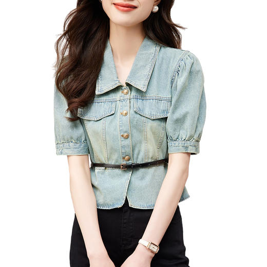 KQLE315597604 2023夏季新款女装休闲洋气泡泡袖单排扣牛仔修身上衣配腰带 商品图4