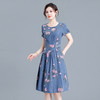 QYMYX-HD23X38-Y牛仔蓝印花连衣裙夏季新款圆领短袖裙中长款高腰A字裙 商品缩略图0