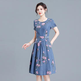 QYMYX-HD23X38-Y牛仔蓝印花连衣裙夏季新款圆领短袖裙中长款高腰A字裙