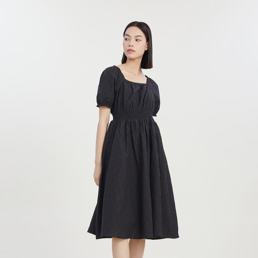 谜底2023夏新款方领泡泡袖连衣裙短袖暗纹提花收腰长裙232ML0559 商品图1