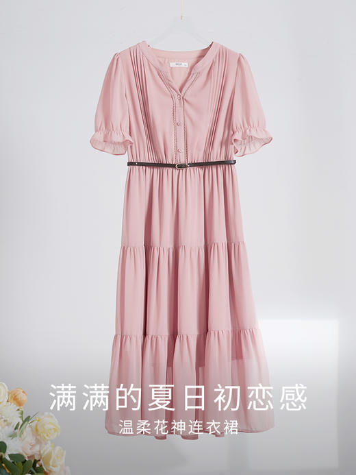 【618秒杀】熙世界法式温柔风雪纺连衣裙女设计感小众气质粉色荷叶边夏季裙子 商品图2