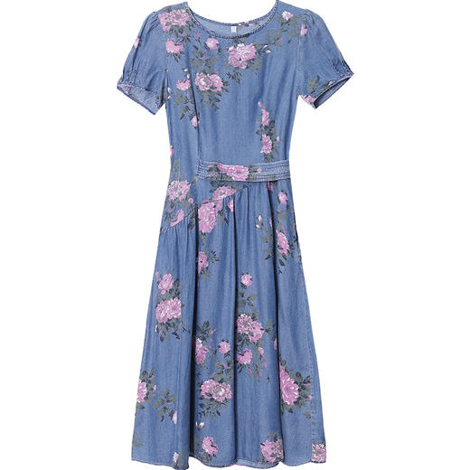 QYMYX-HD23X38-Y牛仔蓝印花连衣裙夏季新款圆领短袖裙中长款高腰A字裙 商品图4