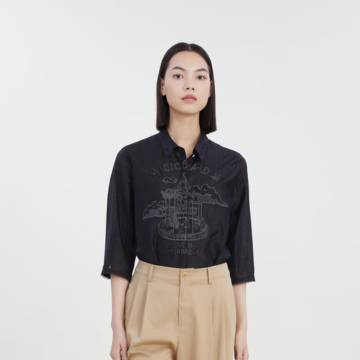 谜底2023夏季新款通勤风绣花衬衫七分袖女宽松时尚百搭232MC0552 商品图0