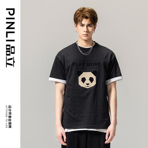 PINLI品立春季新款男士熊猫植绒纯棉圆领短袖T恤BG231111015 商品图8
