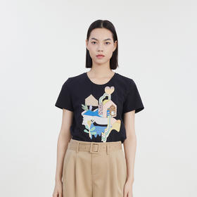 谜底2023夏季新款圆领特色印花T恤短袖女修身绣花上衣232MT0683