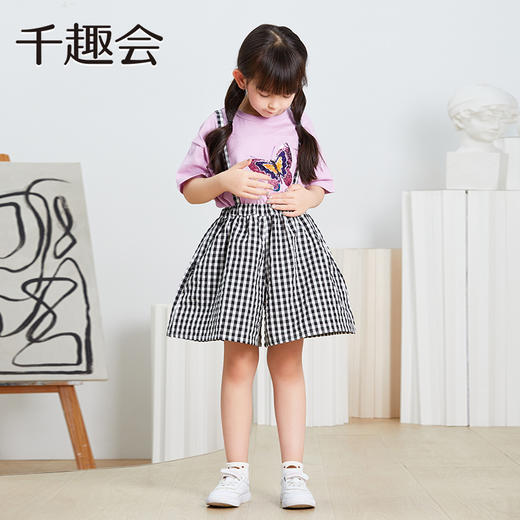 【背带裤】千趣会童装夏款女童经典格纹泡泡纱两穿背带裙裤中裤9000100 商品图3