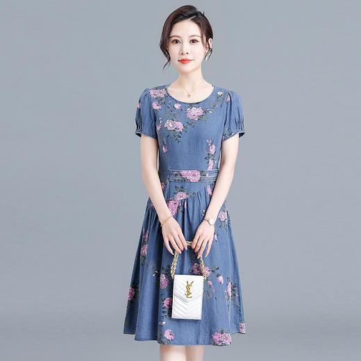 QYMYX-HD23X38-Y牛仔蓝印花连衣裙夏季新款圆领短袖裙中长款高腰A字裙 商品图1
