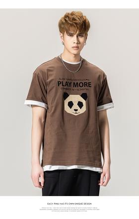 PINLI品立春季新款男士熊猫植绒纯棉圆领短袖T恤BG231111015