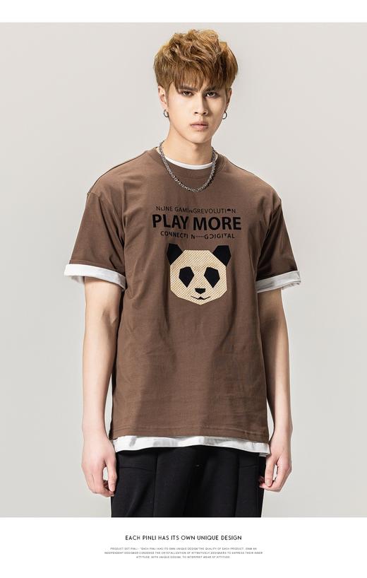 PINLI品立春季新款男士熊猫植绒纯棉圆领短袖T恤BG231111015 商品图0