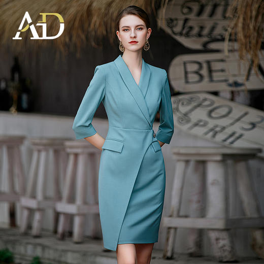 AD灰绿色职业连衣裙女春款时尚气质女神范西装裙高级感主持人正装 商品图1