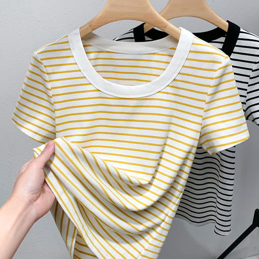 短袖t恤女新款女装，经典条纹棉体恤宽边圆领收腰撞色上衣SG-T3X0222 商品图1