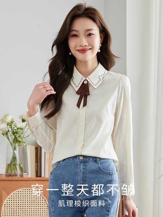 【年终特卖】熙世界长袖衬衫女春秋2025新款通勤法式文艺OL风衬衣刺绣翻领上衣 商品图2