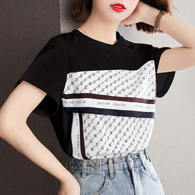 棉质撞色套头圆领字母印花短袖T恤S92327022