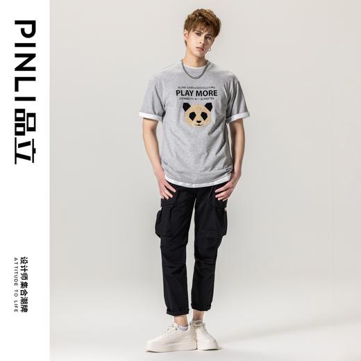 PINLI品立春季新款男士熊猫植绒纯棉圆领短袖T恤BG231111015 商品图1