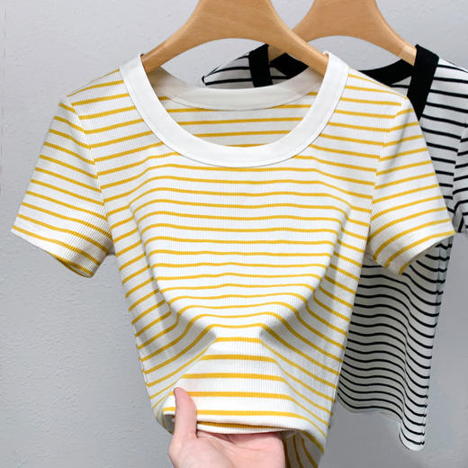 短袖t恤女新款女装，经典条纹棉体恤宽边圆领收腰撞色上衣SG-T3X0222 商品图3