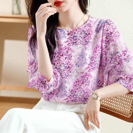 KQL E213N806碎花洋气百搭印花雪纺衫 商品图2