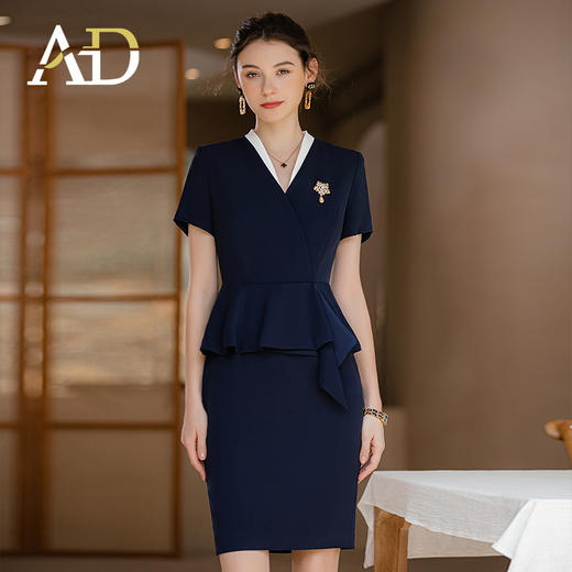 AD气质藏青色短袖职业连衣裙高端售楼部工装女酒店前台接待工作服 商品图1