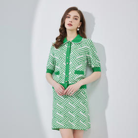 NF665斯尔丽瑟俪2023春夏新品小方领撞色几何图形针织套装小香风套装