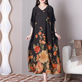 LX SGSD2523复古飘逸蝴蝶袖连衣裙印花V领气质阔太太裙