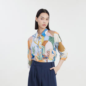 谜底2023夏季新款主题花色衬衫七分袖复古宽松花衬衣女232MC0528