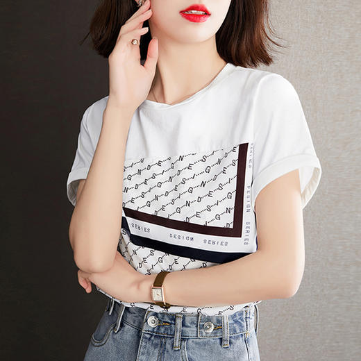 棉质撞色套头圆领字母印花短袖T恤S92327022 商品图1