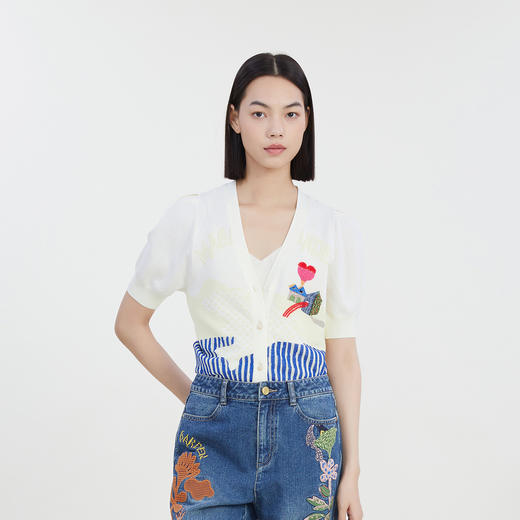 谜底2023夏季新款短款针织开衫女V领泡泡袖针织衫短袖232MZ0890 商品图0