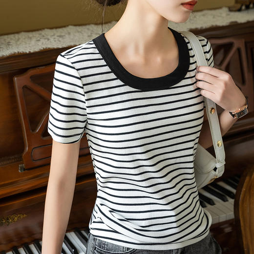短袖t恤女新款女装，经典条纹棉体恤宽边圆领收腰撞色上衣SG-T3X0222 商品图0