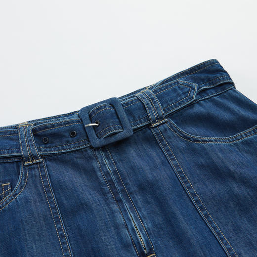 谜底2023夏季新款高腰牛仔半身裙A型前开叉中长裙配腰带232MB0530 商品图3