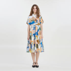 谜底2023夏季新款复古主题花色连衣裙短袖衬衫式中长裙232ML0580