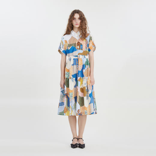 谜底2023夏季新款复古主题花色连衣裙短袖衬衫式中长裙232ML0580 商品图0