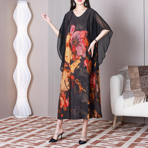 LX SGSD2523复古飘逸蝴蝶袖连衣裙印花V领气质阔太太裙 商品图2