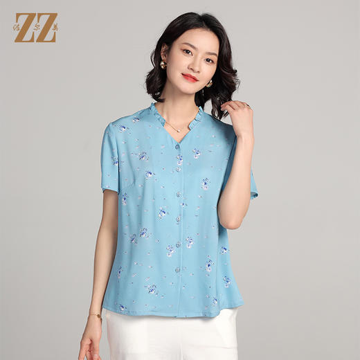 佐尔美夏季新款 桑蚕丝真丝短袖小碎花衬衣女E22CS66 商品图1