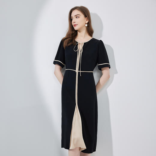 NF889斯尔丽瑟俪2023连衣裙春夏新款时尚圆领蝴蝶结拼色收腰显瘦连衣裙 商品图0