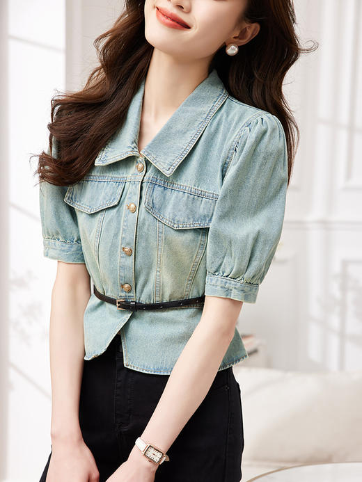 KQLE315597604 2023夏季新款女装休闲洋气泡泡袖单排扣牛仔修身上衣配腰带 商品图1