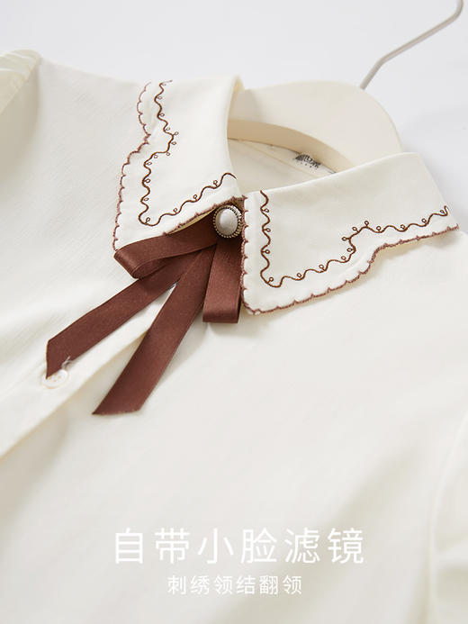【年终特卖】熙世界长袖衬衫女春秋2025新款通勤法式文艺OL风衬衣刺绣翻领上衣 商品图3