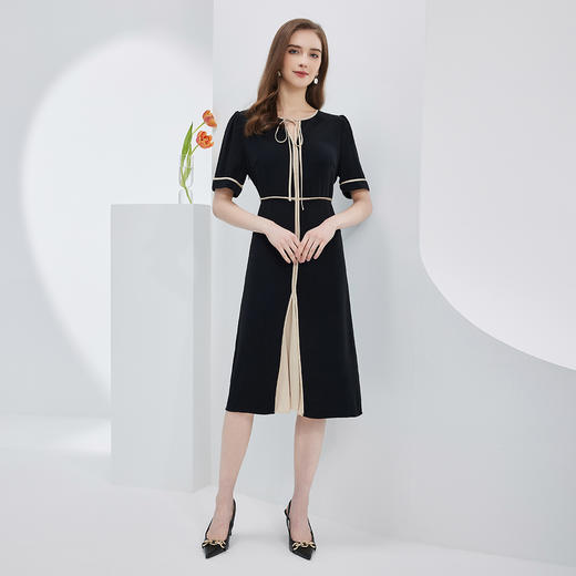 NF889斯尔丽瑟俪2023连衣裙春夏新款时尚圆领蝴蝶结拼色收腰显瘦连衣裙 商品图3