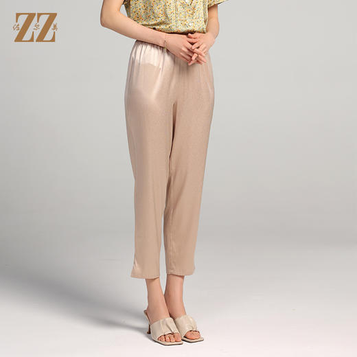 佐尔美夏季新款 气质桑蚕丝真丝香槟金长裤女E22KS15 商品图1