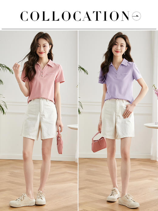 【专属特价】熙世界小香风织带POLO领T恤女短袖2025夏季新款藏肉显瘦舒适上衣 商品图4