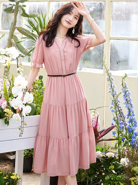 【618秒杀】熙世界法式温柔风雪纺连衣裙女设计感小众气质粉色荷叶边夏季裙子