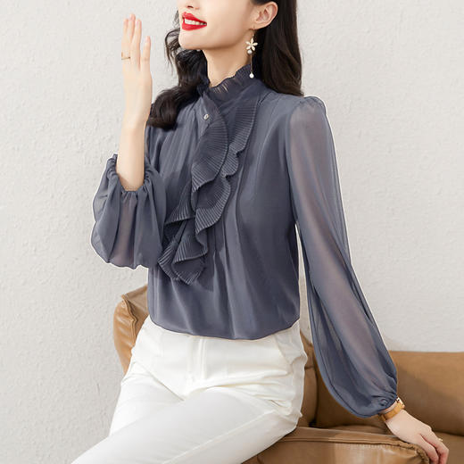 法式洋气，优雅荷叶边仿真丝衬衫春新款女装感别致长袖衬衣KQL-E253N8029 商品图5