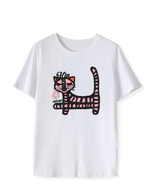 减龄休闲，重工小花猫磨毛圆领正肩短袖T恤WLZD-2305307 商品图4