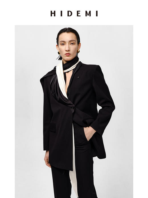 HIDEMI 极简双层双面缎面丝巾 黑色/白色 商品图3