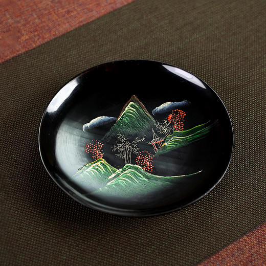 泰山大漆/青绿山水杯托 【图案随机发】 怀旧复古大漆杯托手绘青山绿水杯垫壶承底托 商品图6