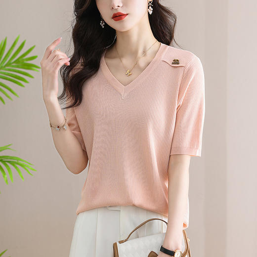 V领冰丝针织短袖t恤，夏装新款薄款鸡心领上衣洋气半袖小衫CC-SY8333 商品图6