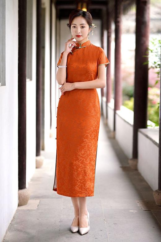 TZRY真丝提花亮丝复古旗袍国风桑蚕丝提花长旗袍真开襟 商品图2